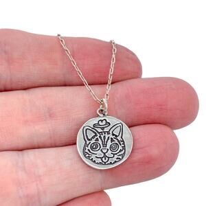 Cat with Halo & Heart Pendant | Vintage Sterling Silver 925 | 18"